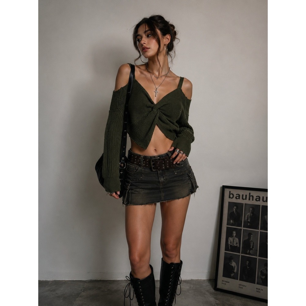 Fashion Nova Olive Green Cold Shoulder‎ Twist Front Knit Sweater M Grunge Boho